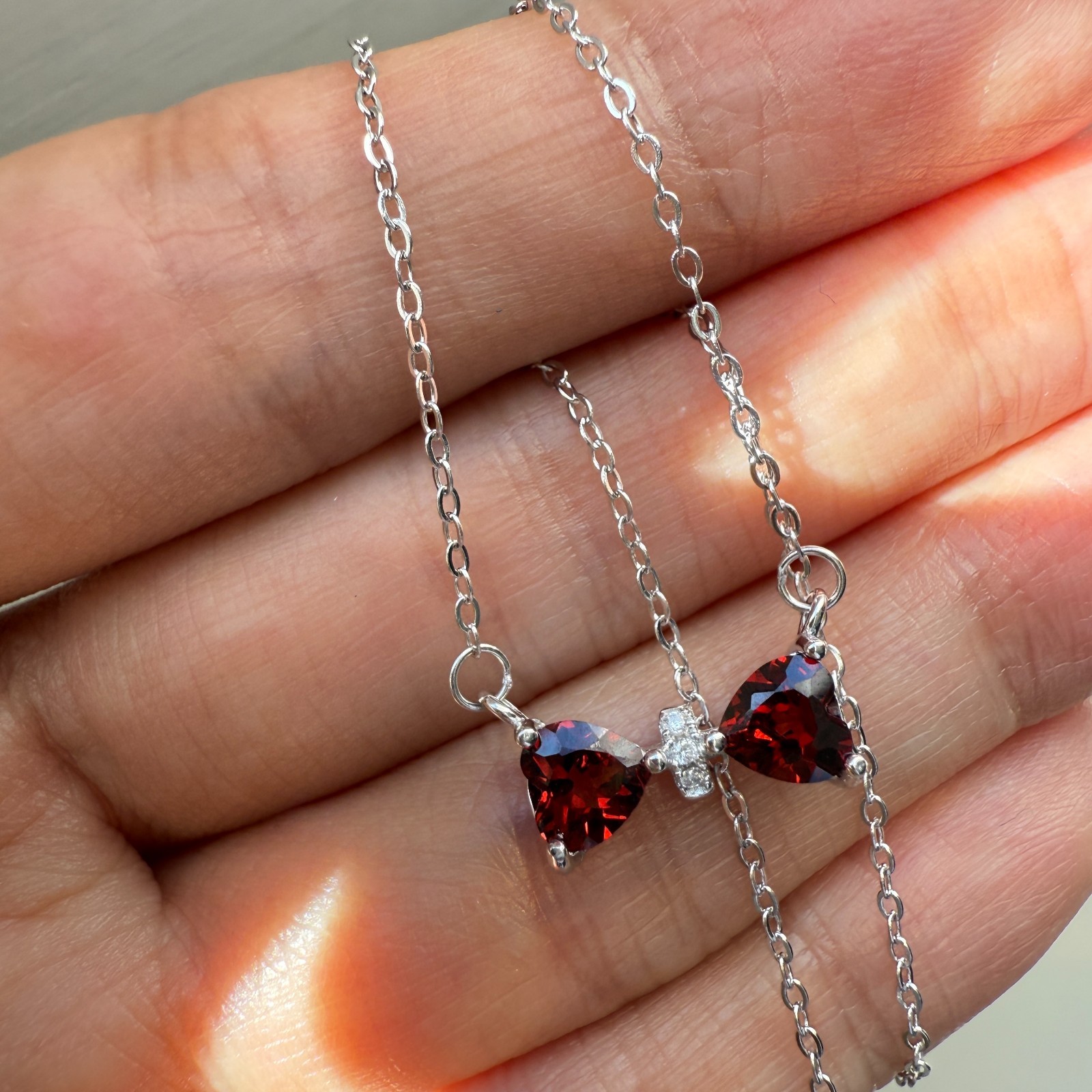 925 Sterling Silver Necklace 5mm Heart Natural Garnet Gemstone Zircon Chain Bow
