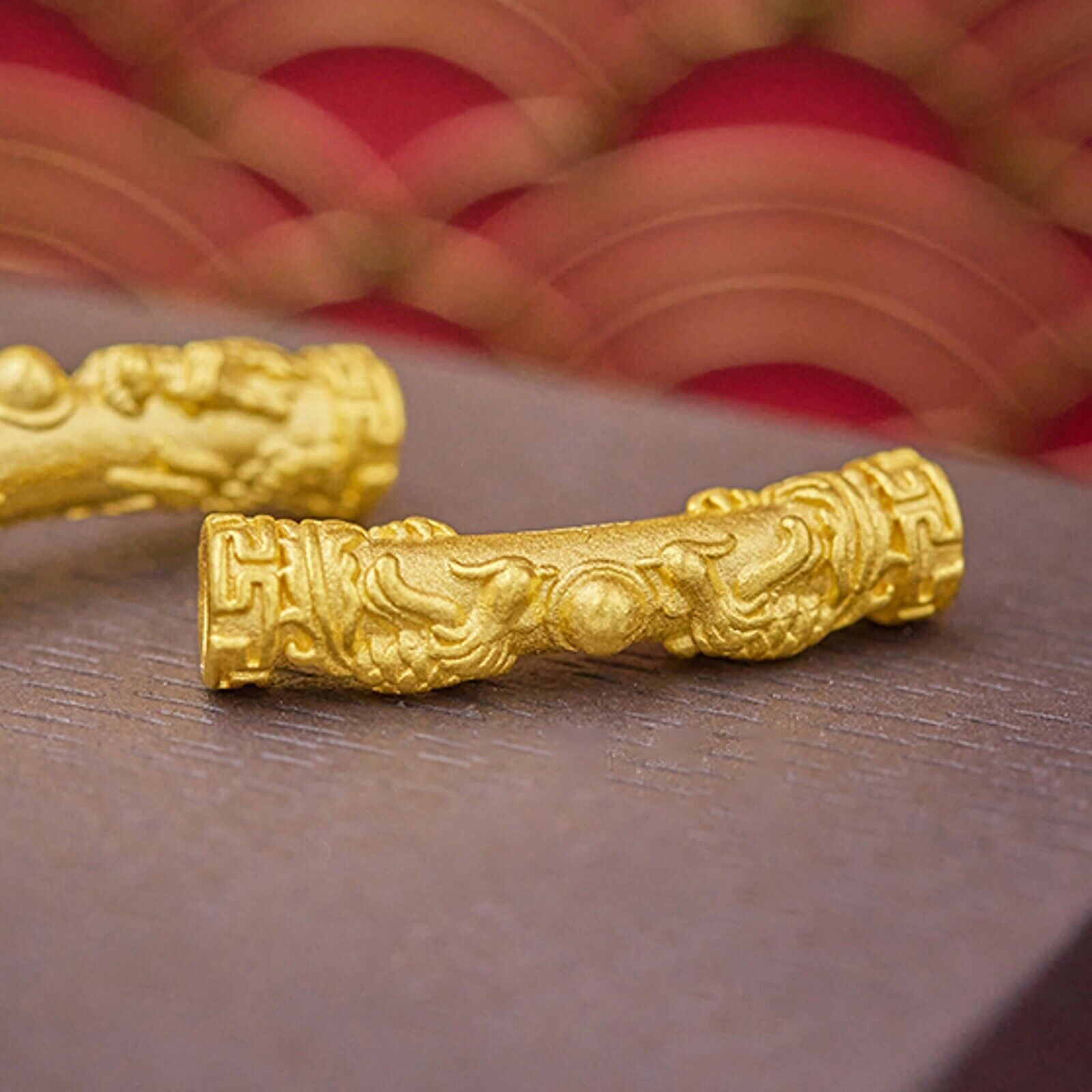 1PCS Pure 999 24K Yellow Gold Bead Lucky Dragon Phoenix Long Tube Bend Pendant