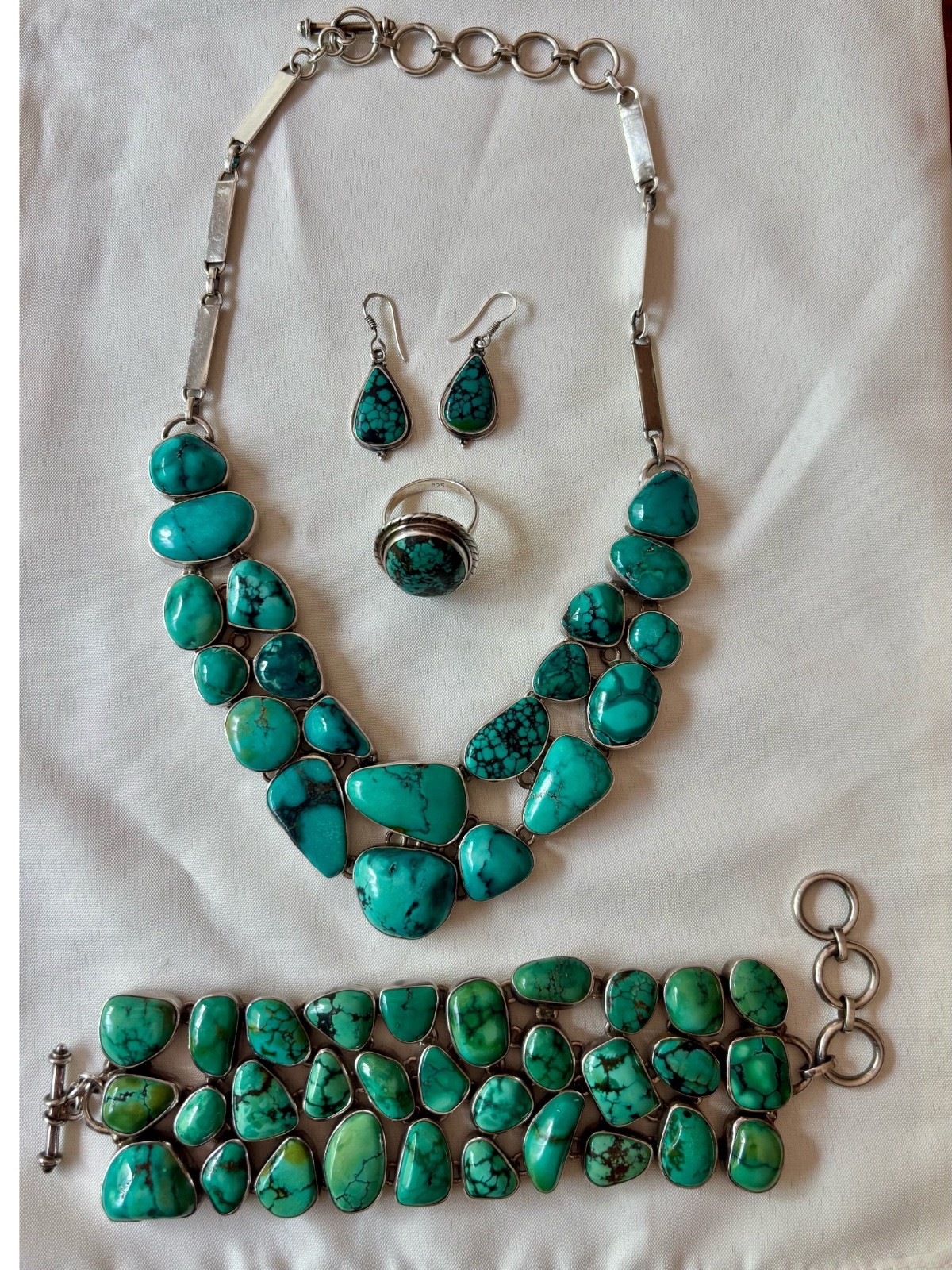 Vintage Silver Turiquose Gemstone Set Necklace Bracelet Earrings Ring