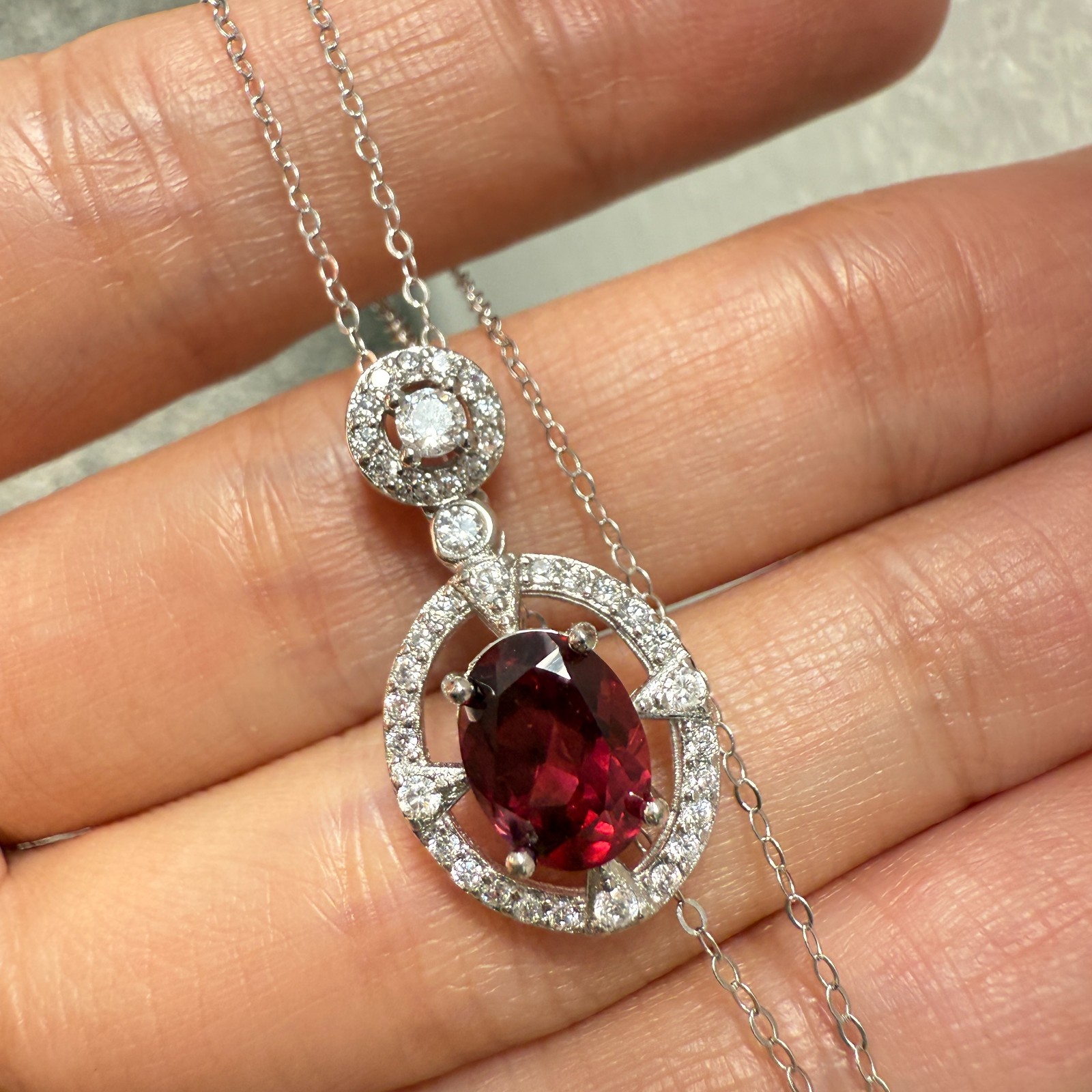925 Sterling Silver Necklace 8x6mm Natural Garnet Zircon Flower Handmade Chain