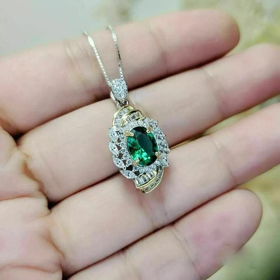2Ct Oval Cut Lab-Created Emerald Cluster Women Pendant 14K Two Tone Gold Plated