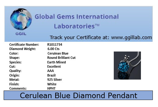 Amazing 6 Ct Certified Trypan Blue Diamond Pendant, Great luster-FREE Studs