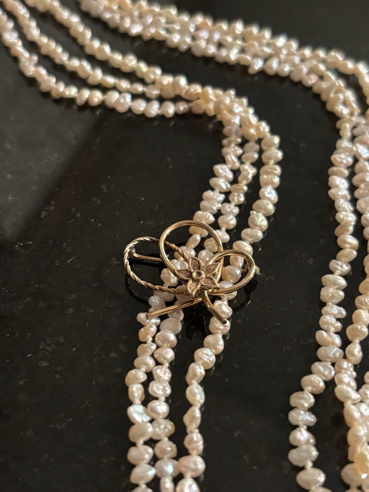Estate Multi-strand Freshwater Rice Pearl Long Necklace w/Gold Filled Brooch Pin
