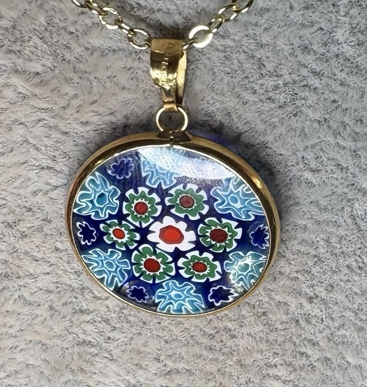 Vintage 18K 750 Bezel Italian Murano Millefiori Daisy Floral Pendant 2.10G 26mm