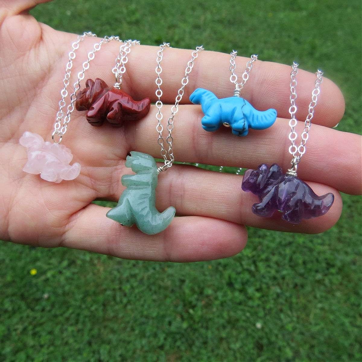 Crystal Dinoasura Necklace – Carved Stone Animal -T Rex Triceratops Stegosaurus