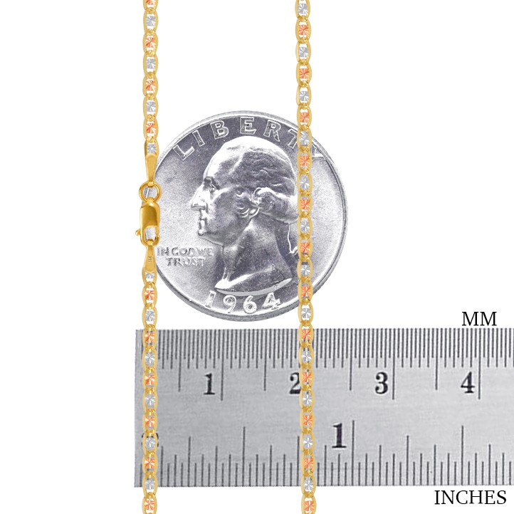 14K Solid Tri Yellow Rose White Gold 2.3mm Valentino Chain Womens Necklace 18″