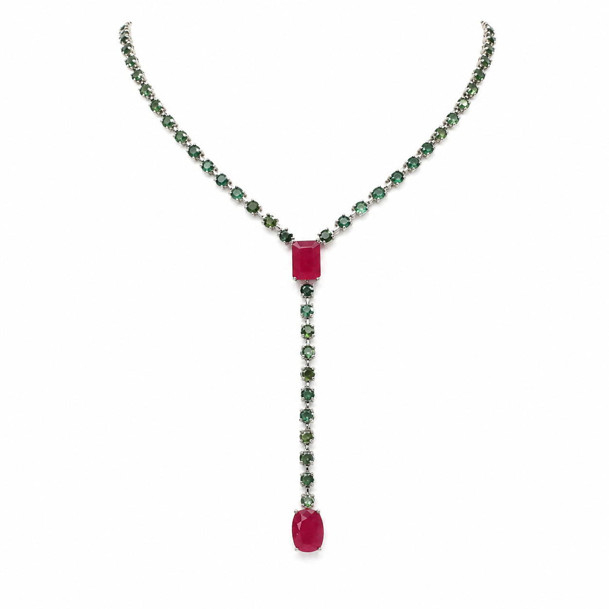 925 Sterling Silver 10 x 13 mm. Red Ruby Green Tourmaline Necklace 18.0 In.