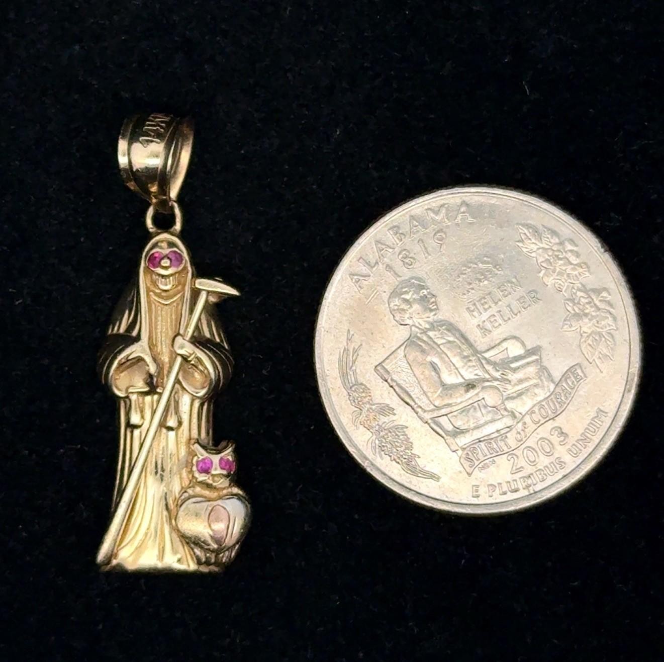 14K Yellow Gold Santa Muerte Grim Reaper Angel of Death Pendant Charm, 3.23g