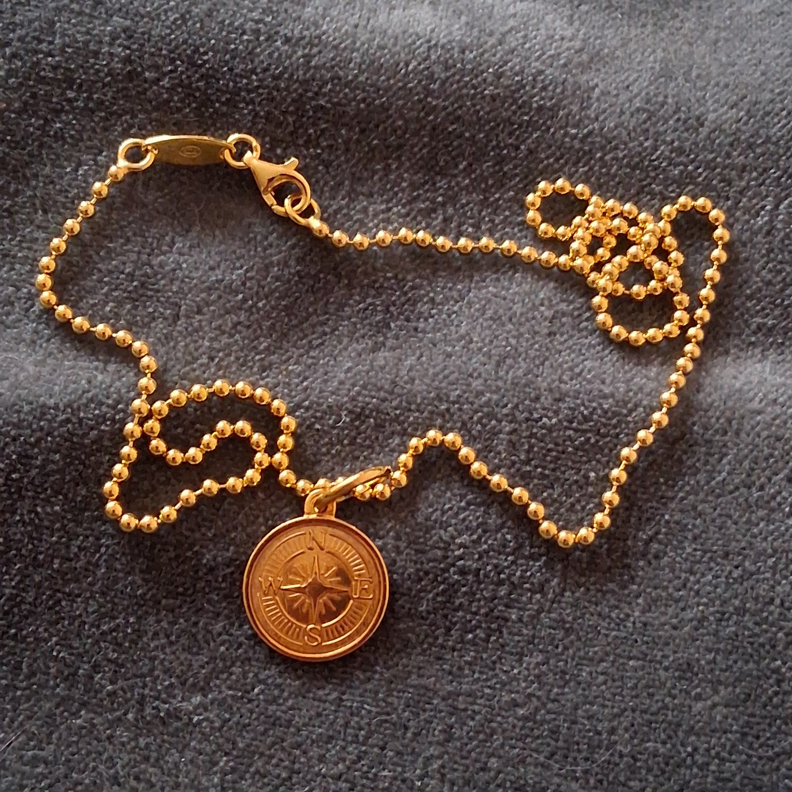 LOLA Necklace: Sterling Silver Gold Vermeil Compass Pendant 16″ 2mm Ball Chain
