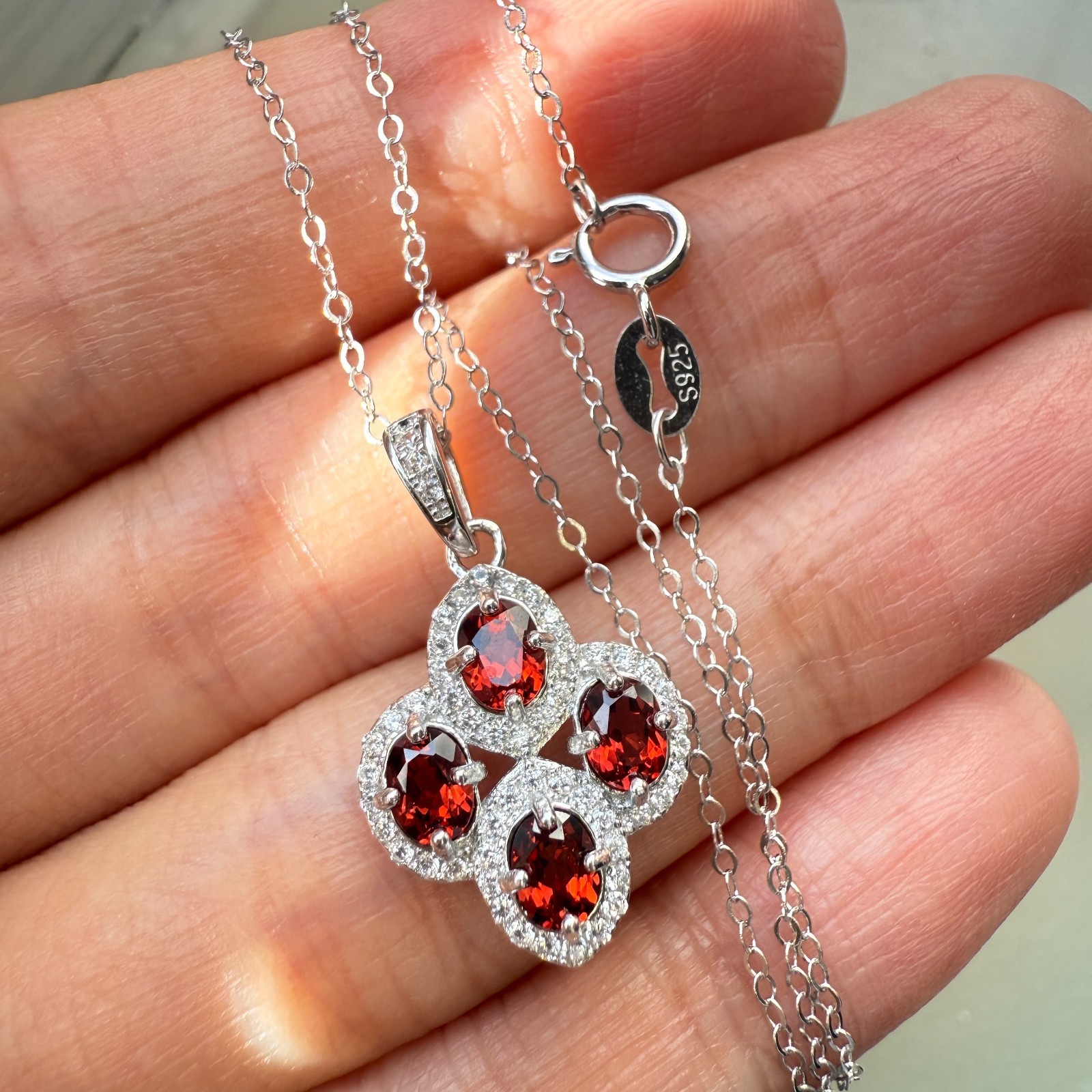 925 Sterling Silver Necklace 4x3mm Natural Garnet Gemstone Zircon Flower Chain