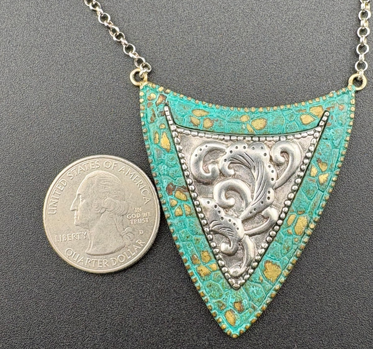 2″ Silpada “Patina Shield” Sterling Silver & Brass Necklace 22″ to 25″ – N3018