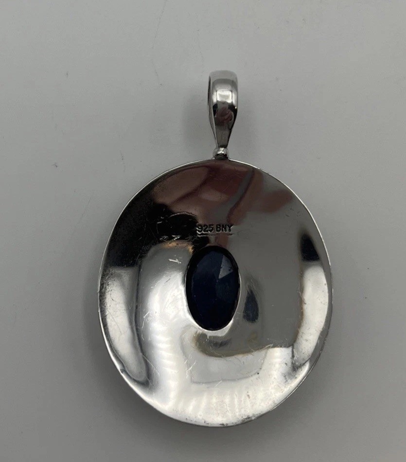 925 Sterling Dark Blue Sodalite Faceted Oval Statement Pendant 2.25” Signed BNY