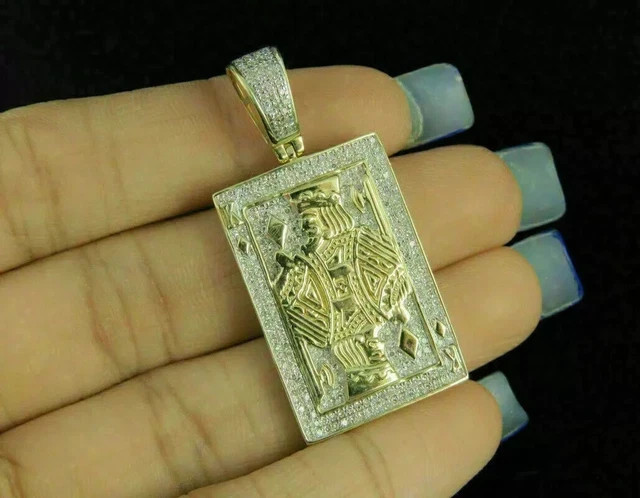 2.30Ct Round Real Moissanite King Card Poker Pendant Men 14K Yellow Gold Plated
