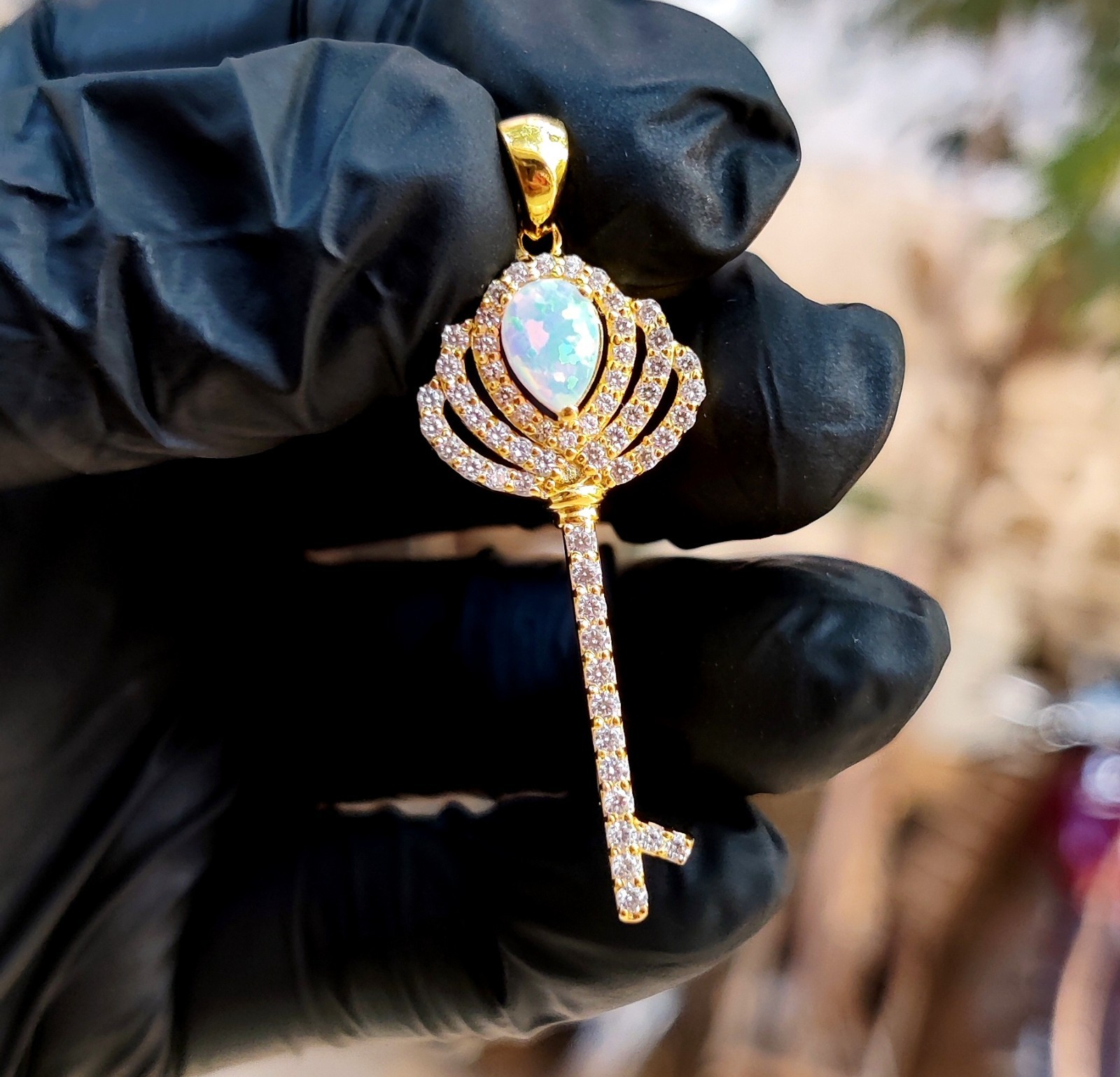 2Ct Pear Cut Lab Created Fire Opal Key Pendant 14K Yellow Gold Plated 925 Silver