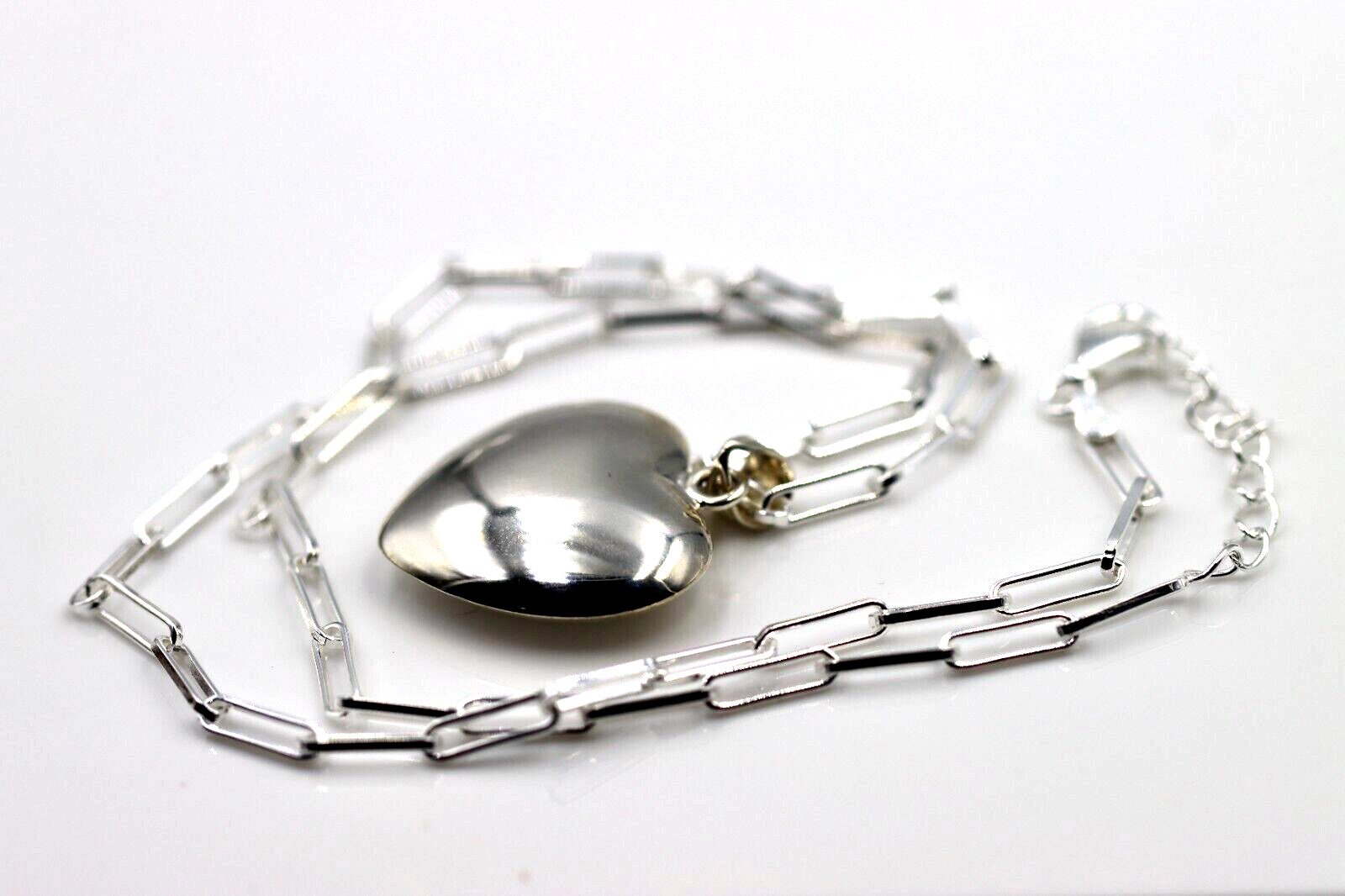 Sterling Silver 925 Paperclip 70cm Necklace + Puffy Heart Pendant -Free Post
