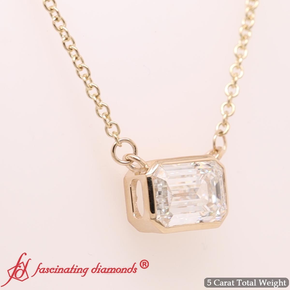 Emerald Cut Lab Grown Diamond Bezel Set Horizontal Solitaire Pendant 14K Gold