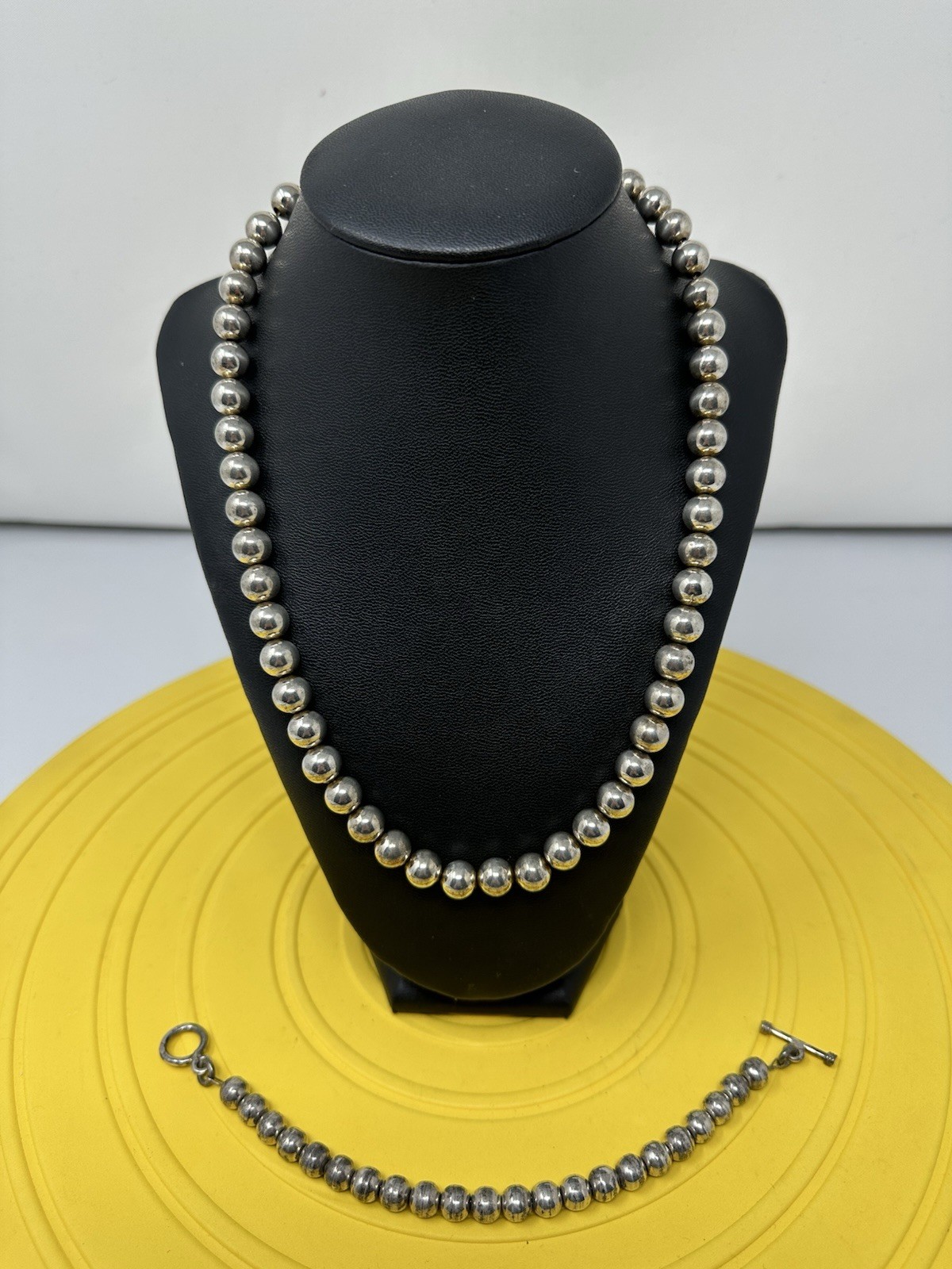 Sterling Silver Ball Beaded Choker Necklace & Bracelet Set Elegant 88g 20in 7in+