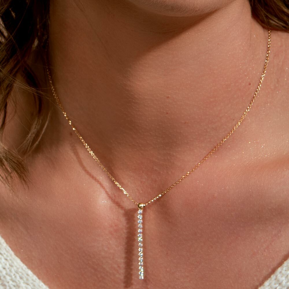 14K YELLOW GOLD OVER 925 STERLING SILVER DROP BAR NECKLACE W/ LAB DIAMONDS
