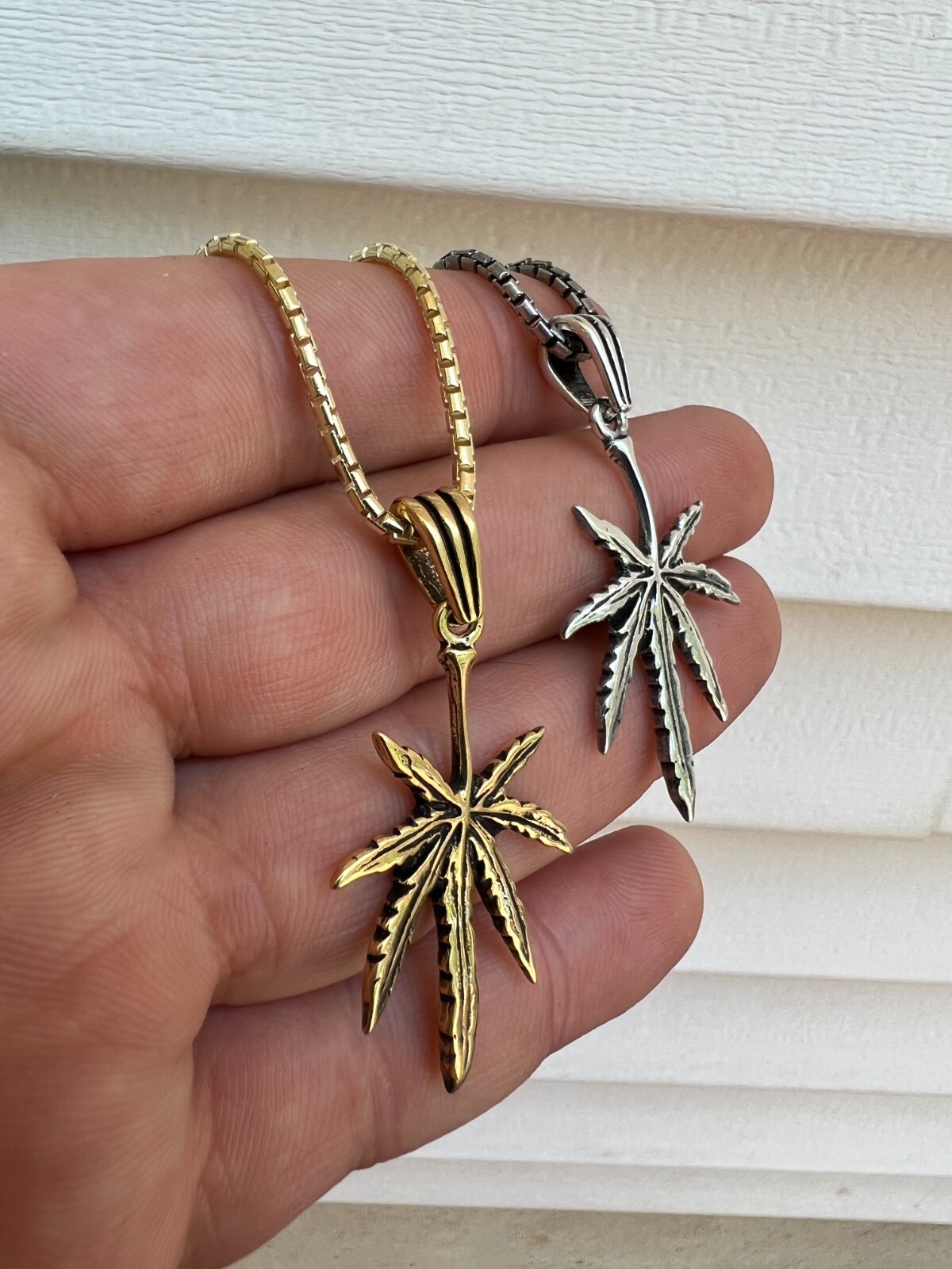 Real 925 Silver / 14k Gold Plated Marijuana Leaf Oxidized Pendant Necklace Charm