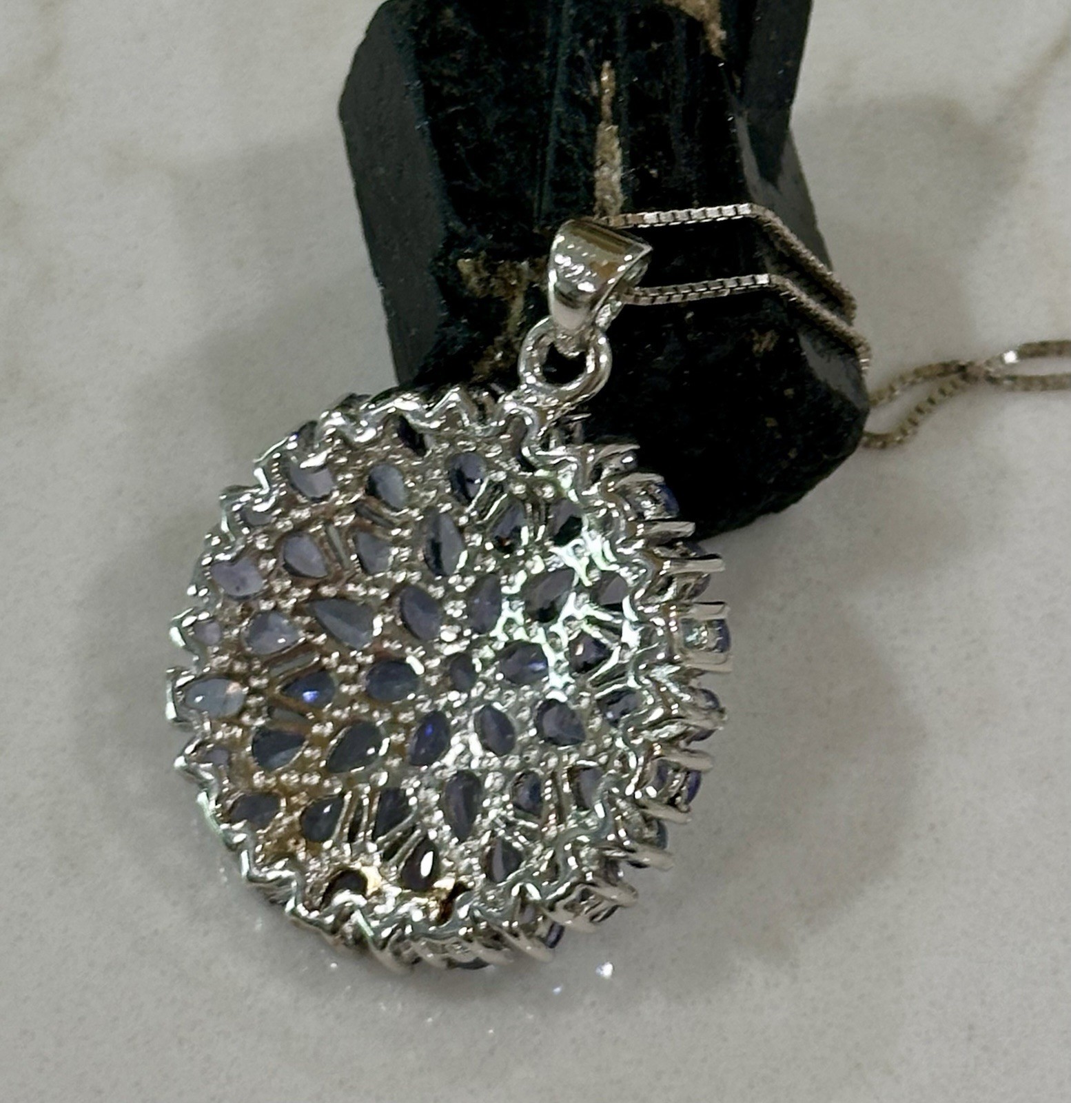 Tanzanite Marquise & Round Sterling Silver Cluster Pendant BBJ, On 20” 925 Chain