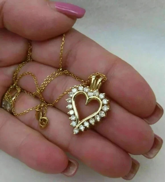 1.00Ct Round Cut Real Moissanite Heart Shape Pendant 14K Yellow Gold Plated