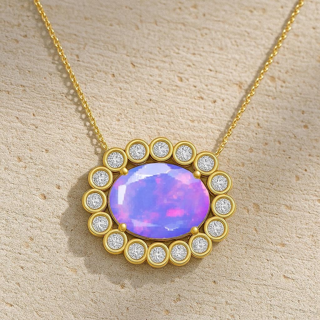 Lavender Opal Gemstone Oval Charm Pendant, Natural Fire Opal Gold Chain Pendant
