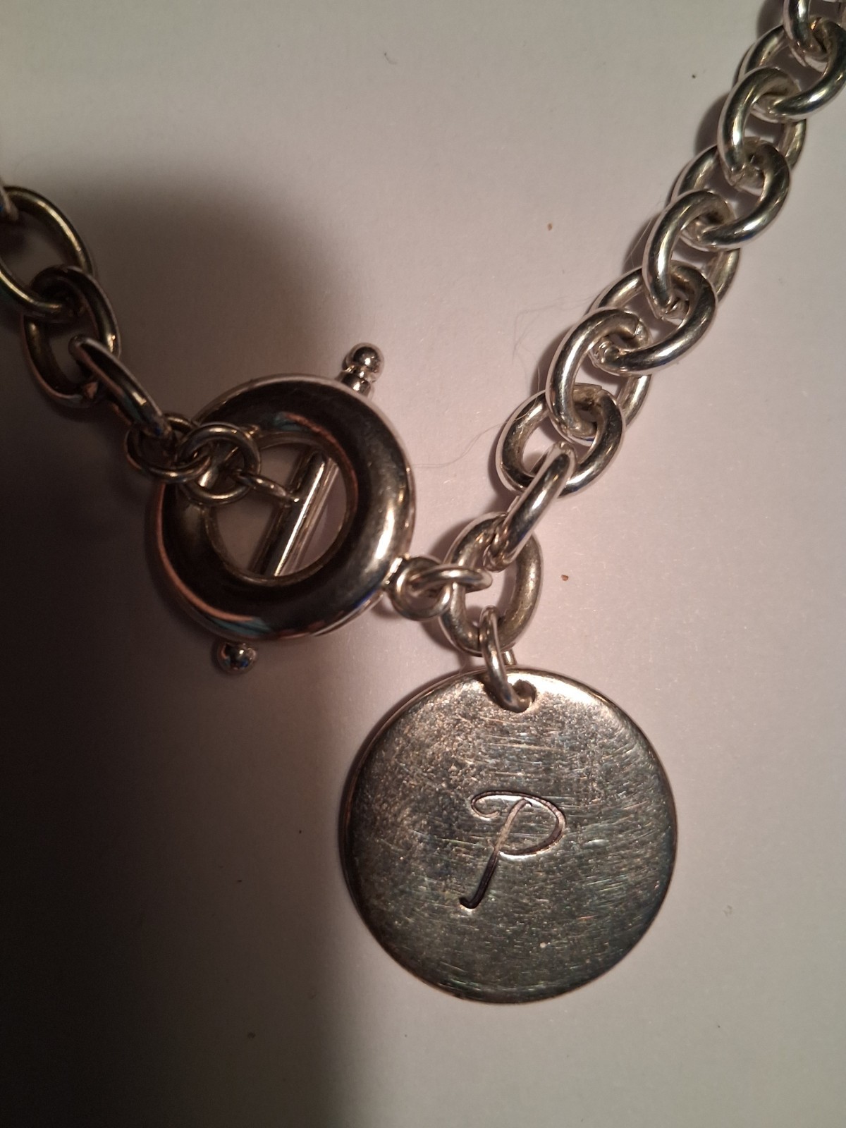 925 Sterling Silver Rolo Chain Choker 19in Toggle Engraved Letter P Charm