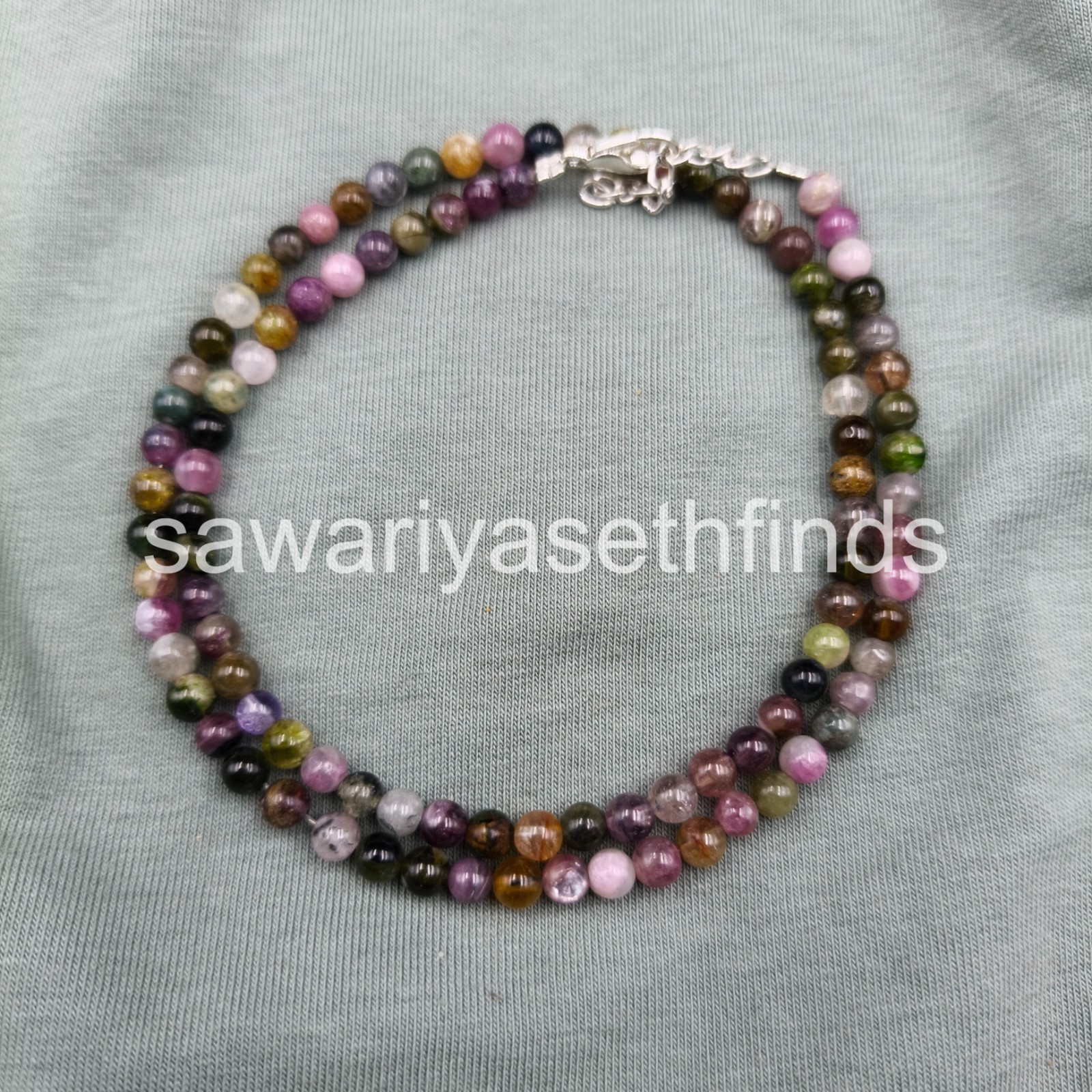 Natural Multi Tourmaline 3mm Smooth Round Beaded Necklace, Sterling Silver Clasp