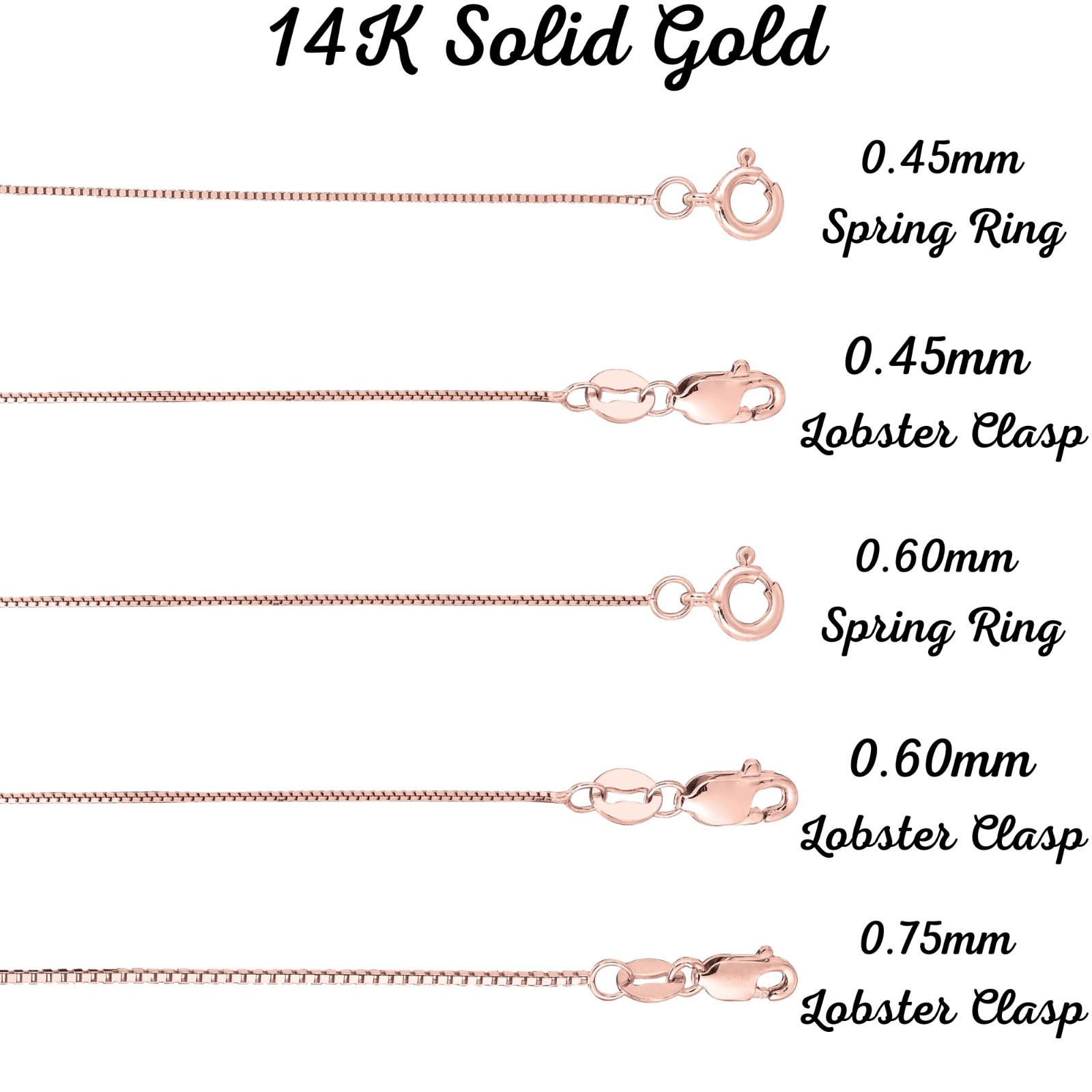 14K Solid Rose Gold Box Necklace Real Gold Chain All Lengths & sizes