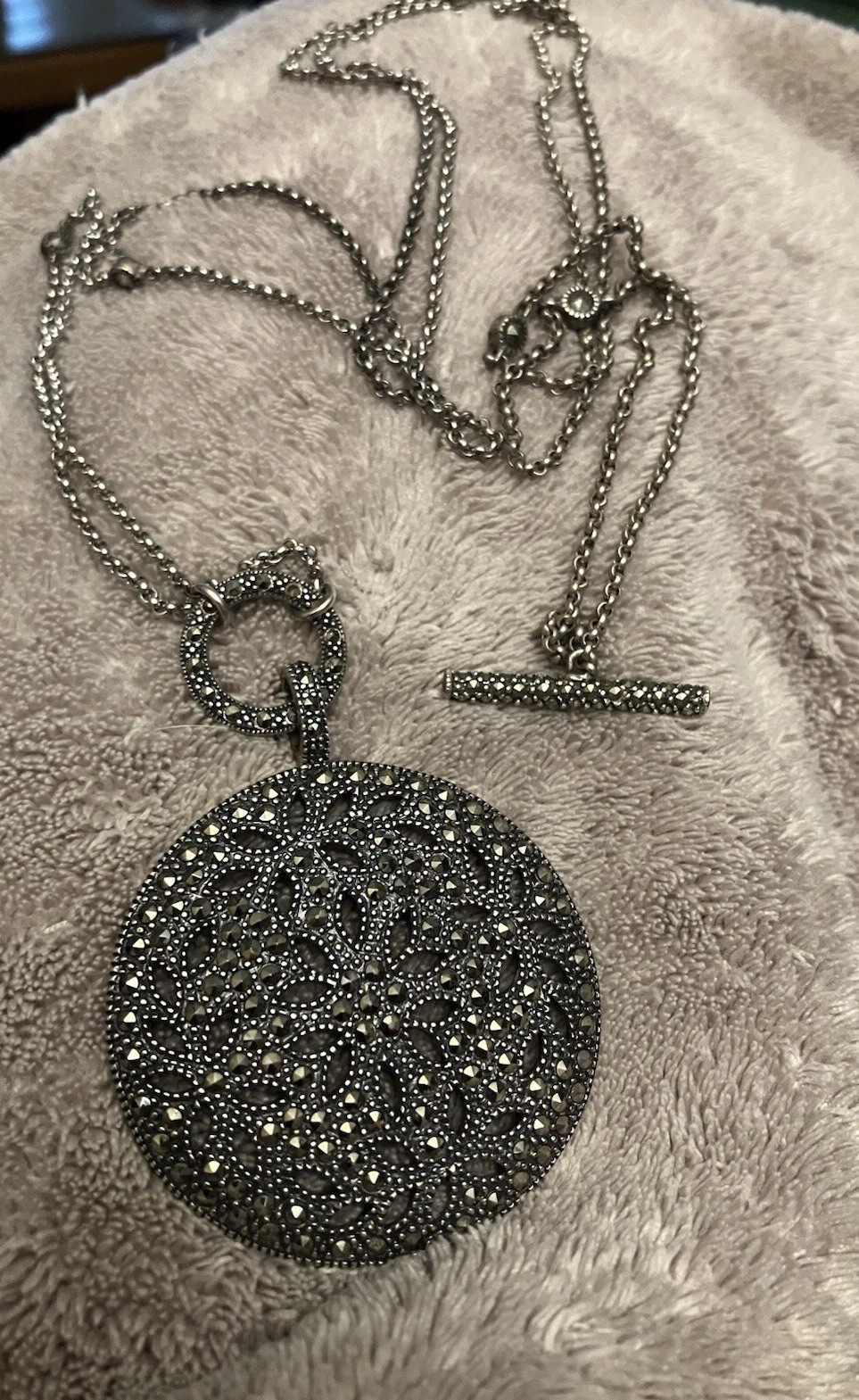 Vintage Judith Jack $285 Sterling Silver 925 Marcasite Dome Pendant Necklace 36”