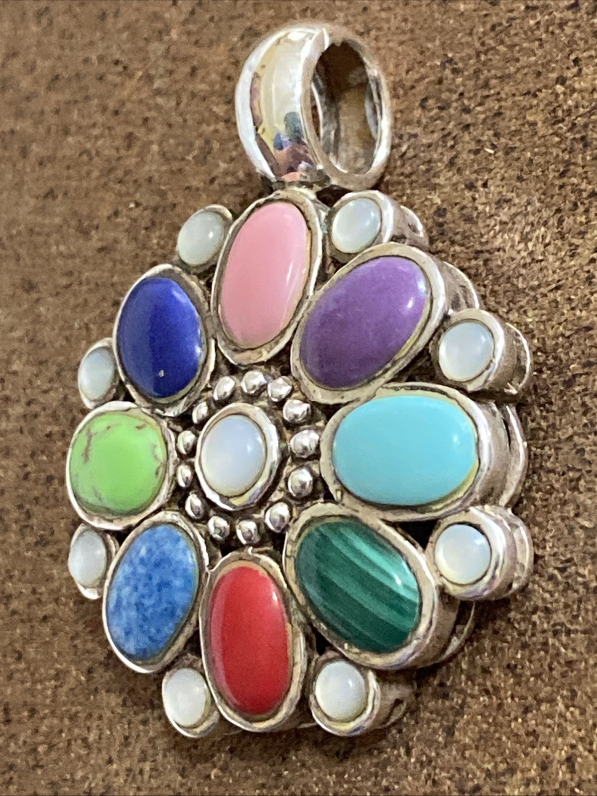 Sterling Silver Multi-Color Flower Necklace Pendant Signed SX 925 Thailand
