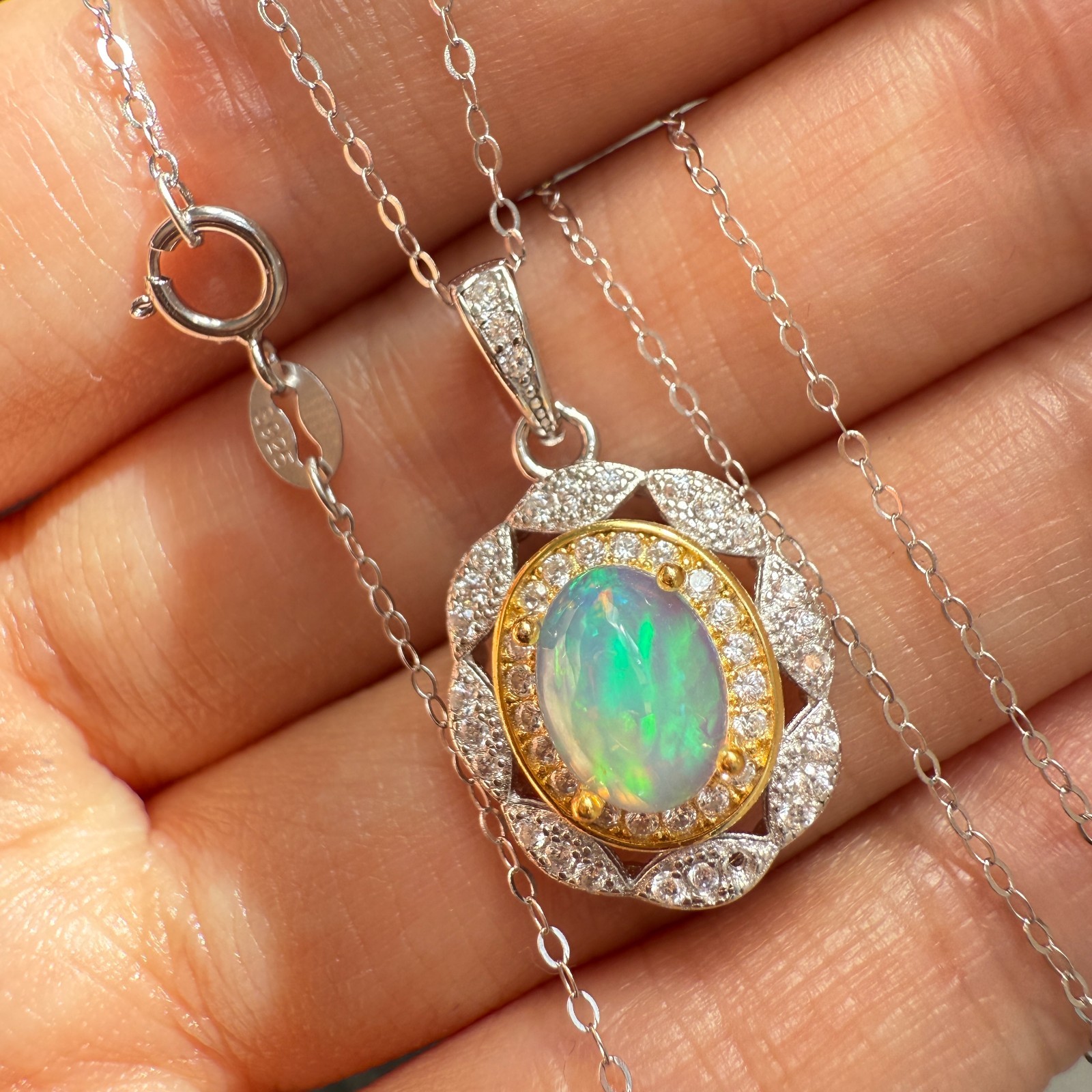 925 Sterling Silver Necklace 8x6mm Natural Opal Handmade Flower Birthstone
