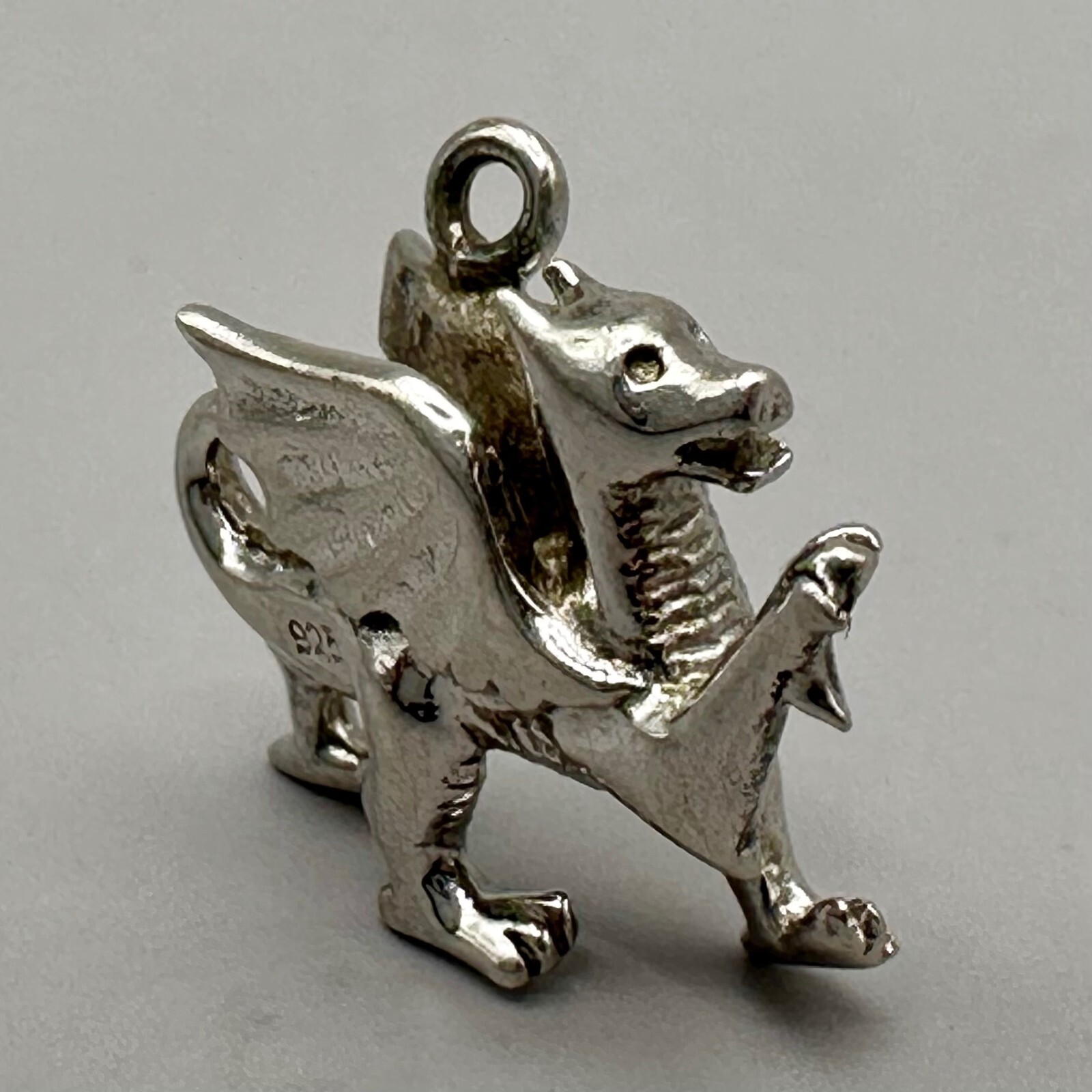 Welsh Dragon Pendant Signed WTJ Sterling Silver 925 Detailed Wings Tail 3D Charm
