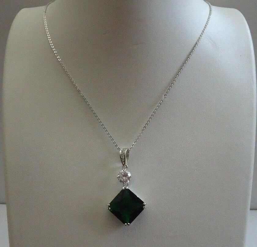 3Ct Cushion Cut Green Diamond Women’s Pendant 14K White GP Free Chain