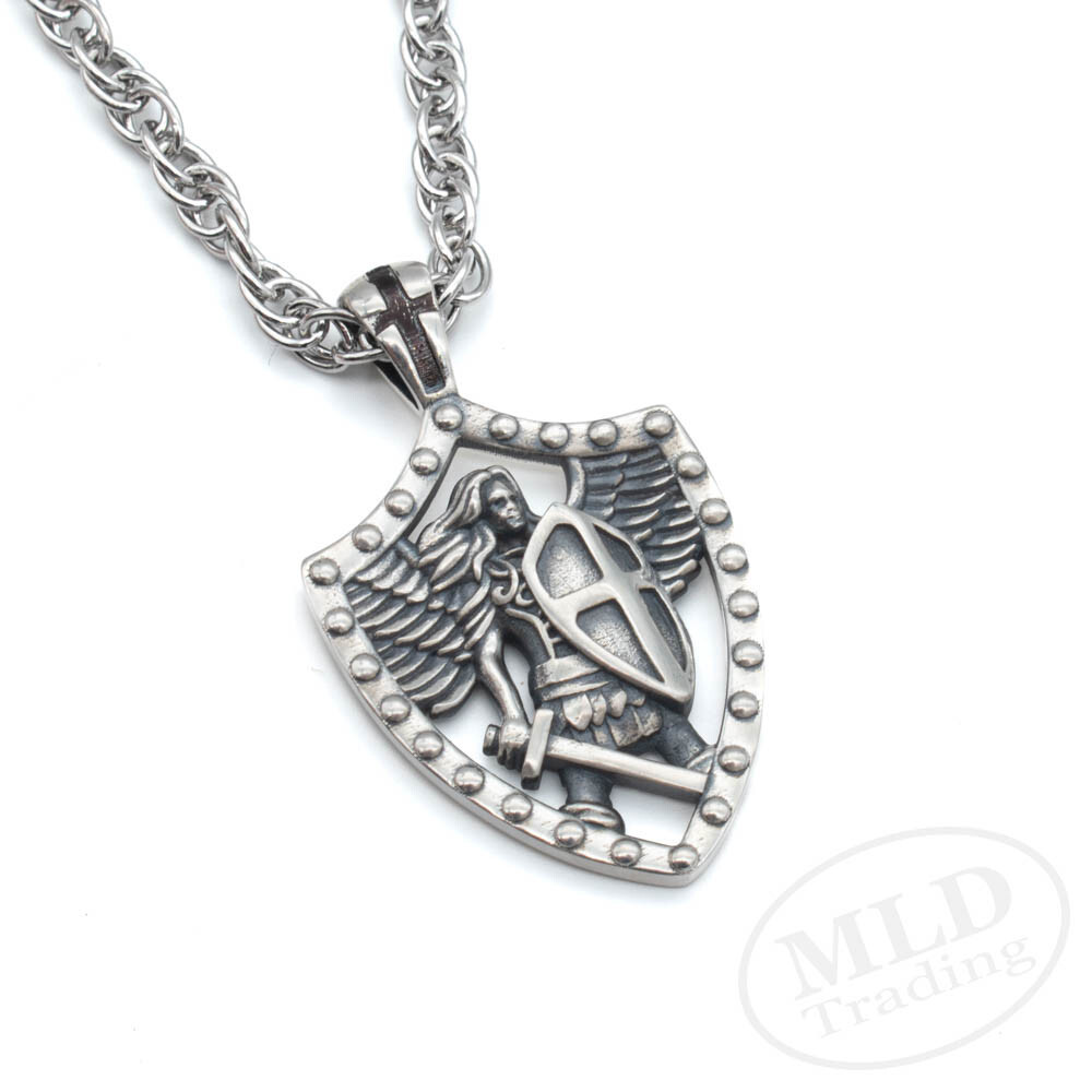 MLD 925 Sterling Silver Saint St Michael Shield Pendant Necklace w/ 22″ Chain