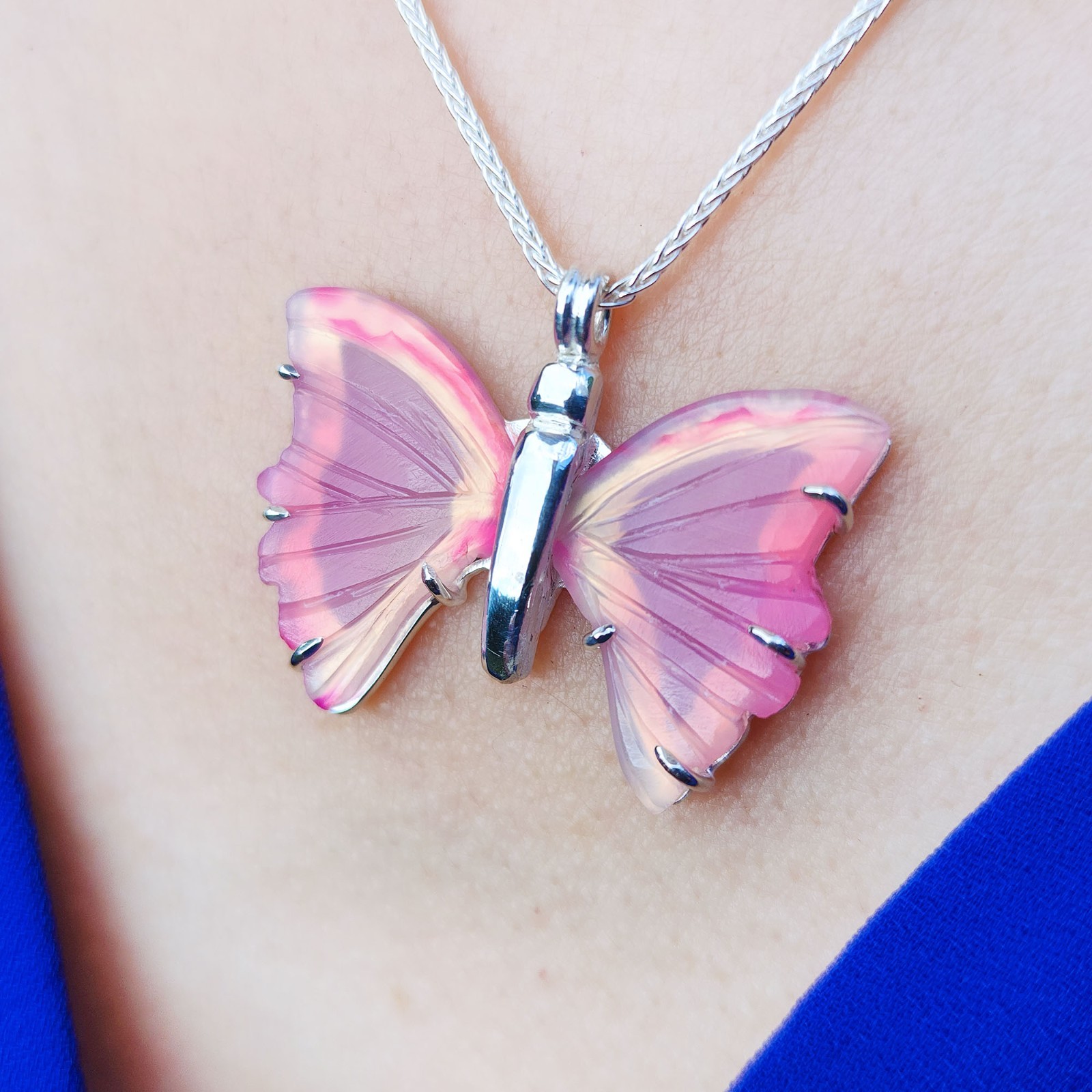 Sterling Silver Butterfly Pink Agate Pendant 18″ Necklace Sweet 16 Jewelry Gift
