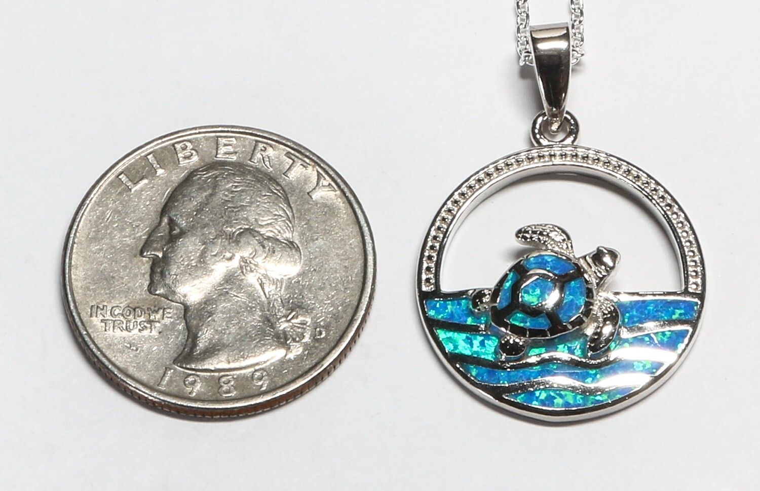 Sterling 26mm Polished Blue Inlay Created Opal Turtle Pendant w/ 18″ SS Chain