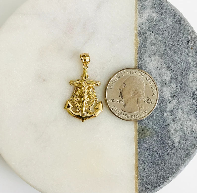 14K Solid Gold Anchor Pendant, 31mm/ 1.2″ Real Gold Jesus Christ Anchor- PT1229