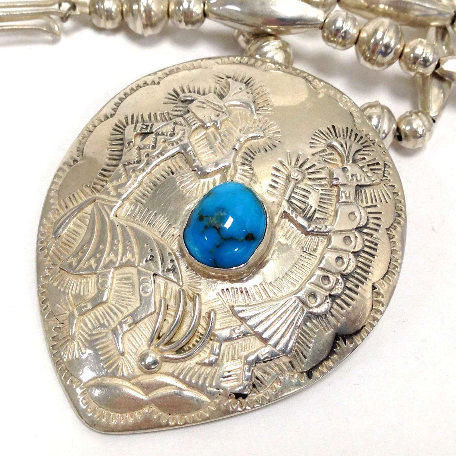 Sterling Silver Southwestern Kokopelli Shield Pendant Turquoise Necklace 23.5″