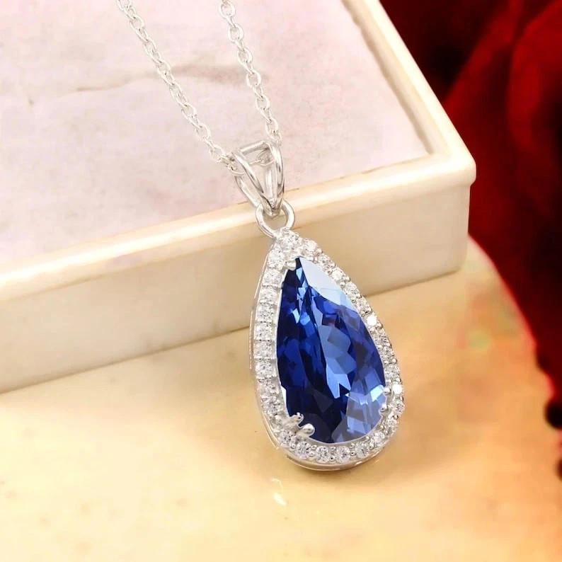 30 CT Natural Blue Sapphire Teardrop Pendant In 925 Sterling Silver with Chain