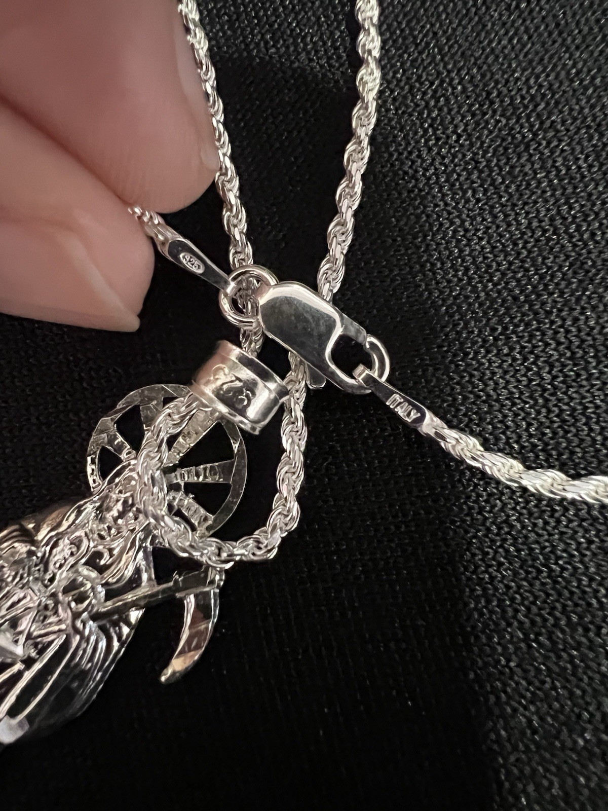 925 Sterling Silver Women Men Small Santa Muerte Grim Reaper & Rope Chain 18 24