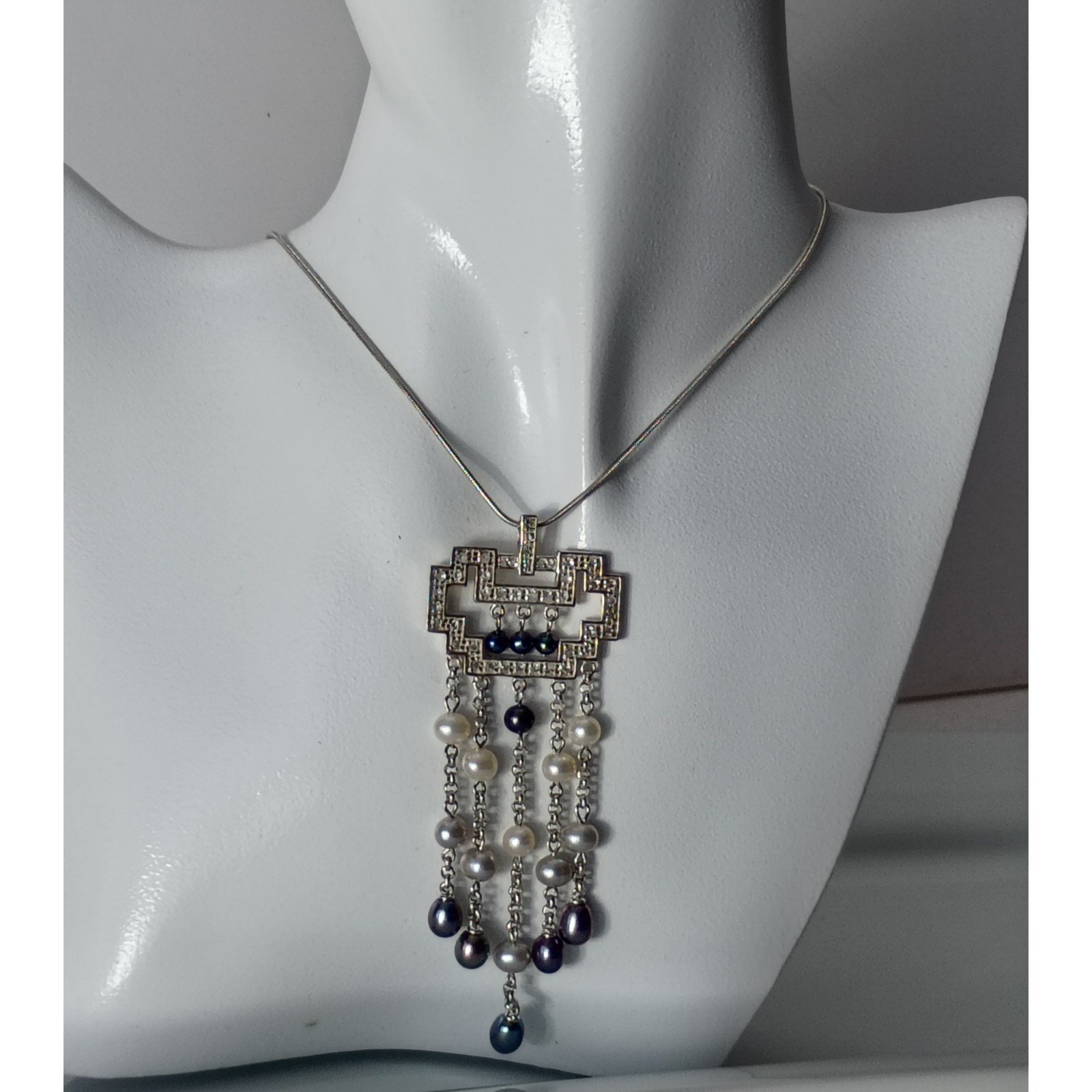 925 Sterling Silver & Pearl Deco Style Dangle Pendant Necklace 19″