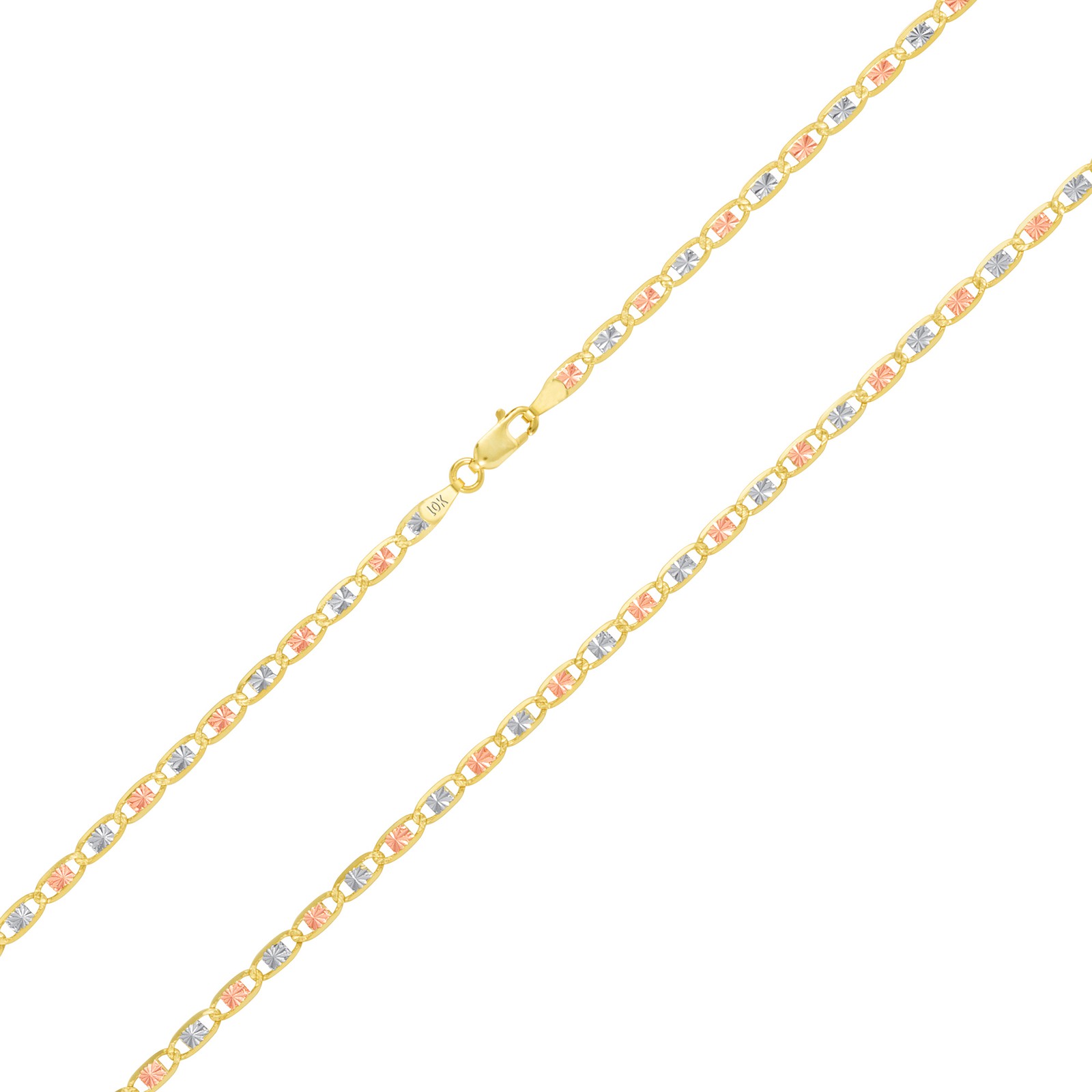 10K Solid Tri-Color Yellow Rose White Gold 3mm Valentino Chain Necklace 16″- 26″
