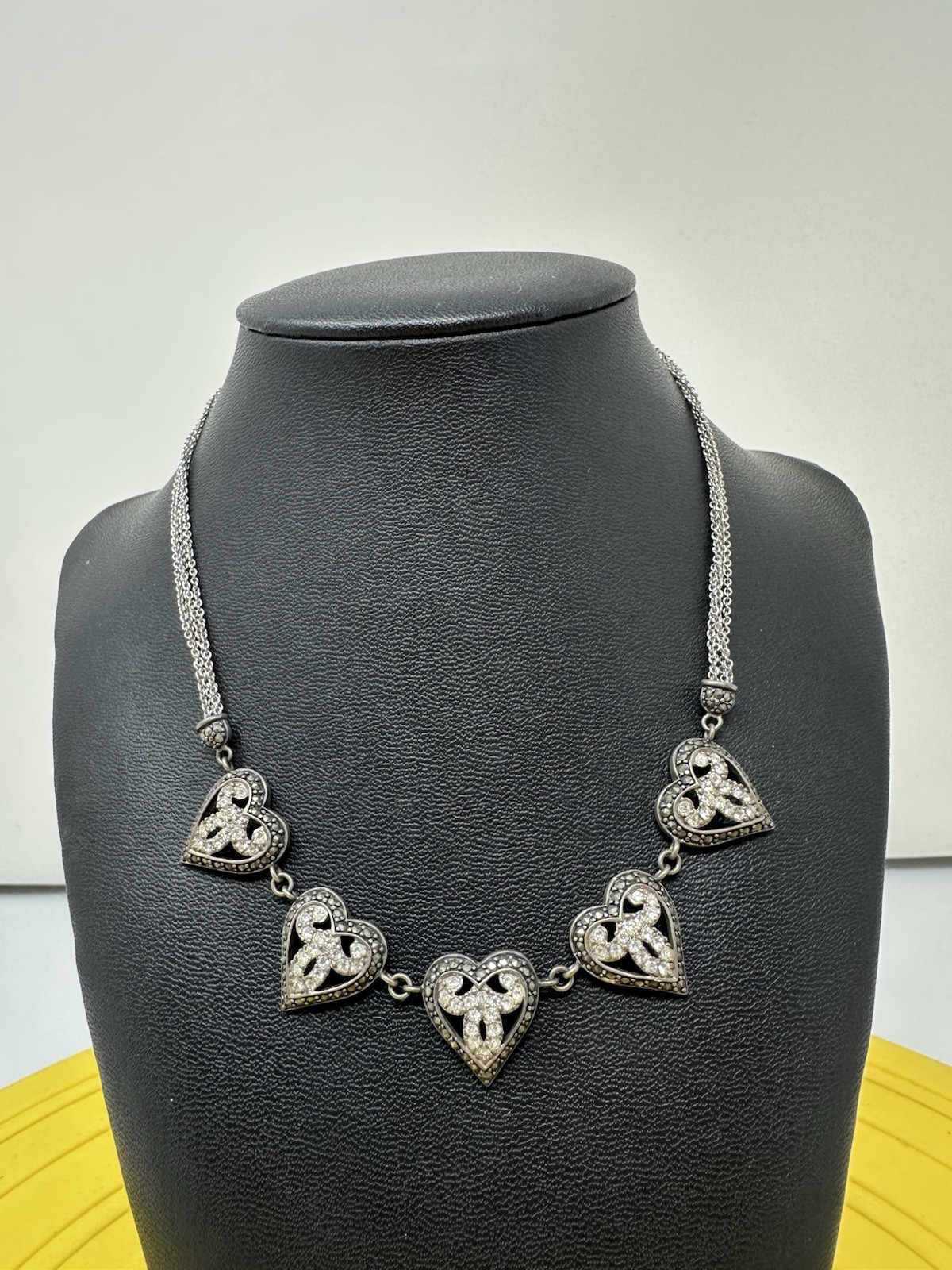 Sterling Silver Ross Simons 5 Heart Pendant Marcasite CZ Choker Necklace 18g 15”