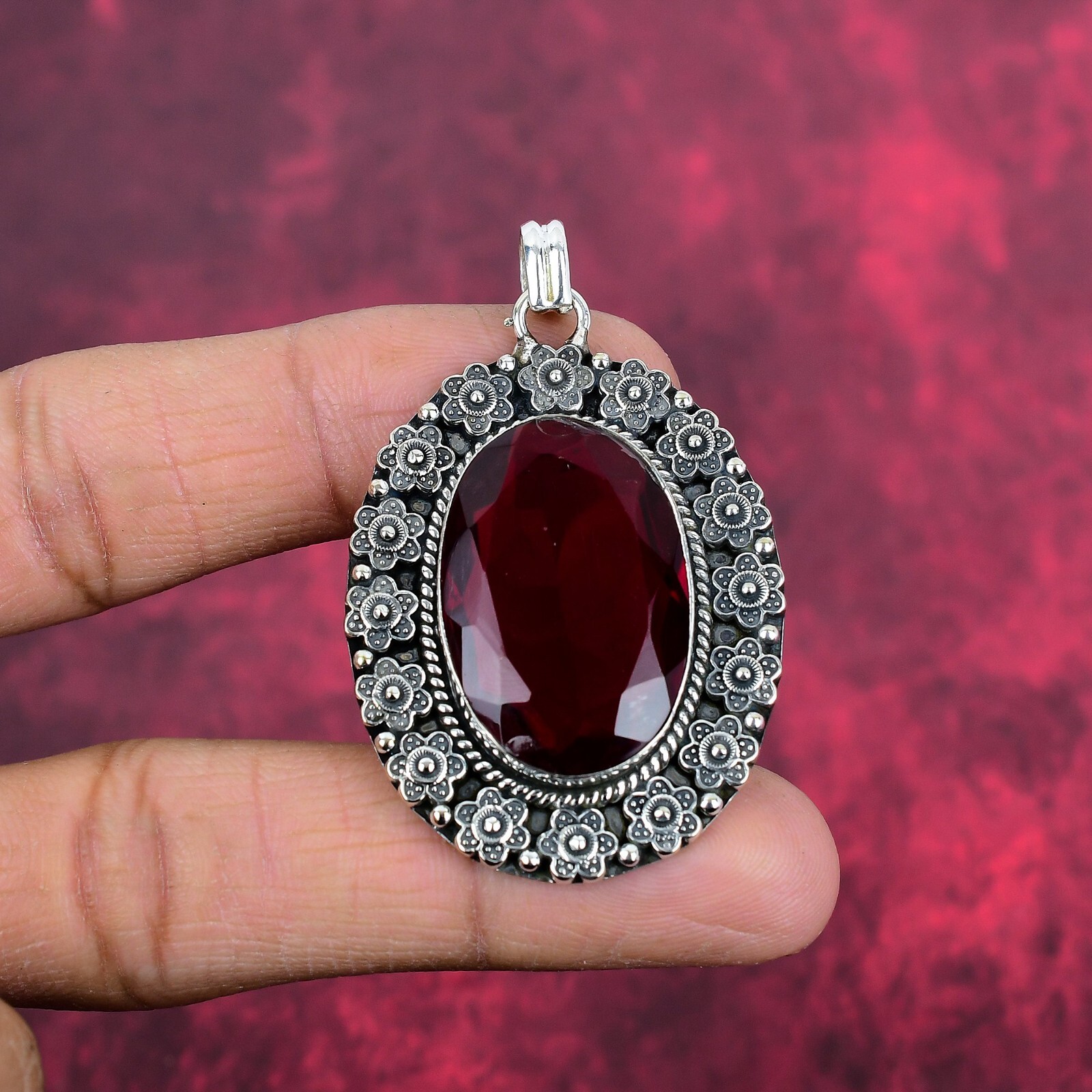 Red Garnet Gemstone Handmade 925 Sterling Silver Pendant Jewelry