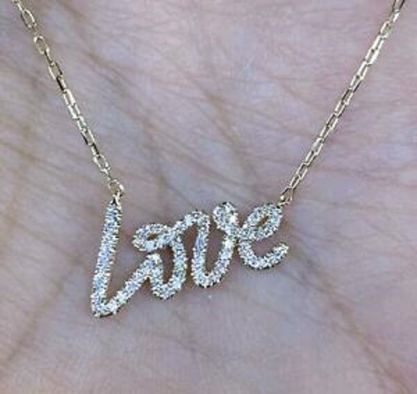 1.40Ct Pave Love Pendant, Diamond Love Necklace 14K Yellow Gold Over Free Chain