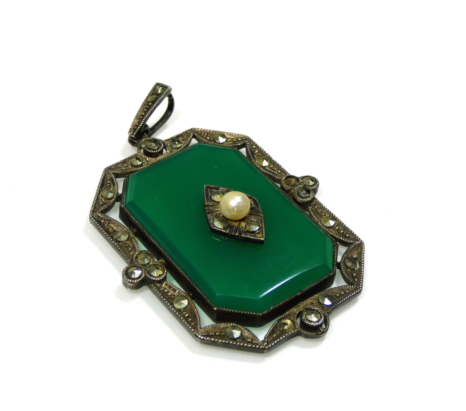 Vintage 1920’s Art Deco Green Onyx, Marcasite, and Pearl Sterling Silver Pendant