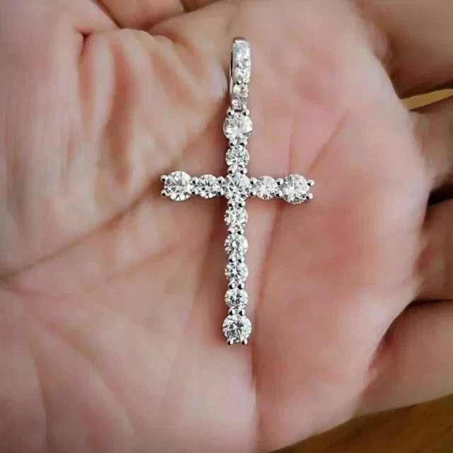 3.00Ct Round Cut Lab Created Diamond Cross Pendant In 14K White Gold Plated