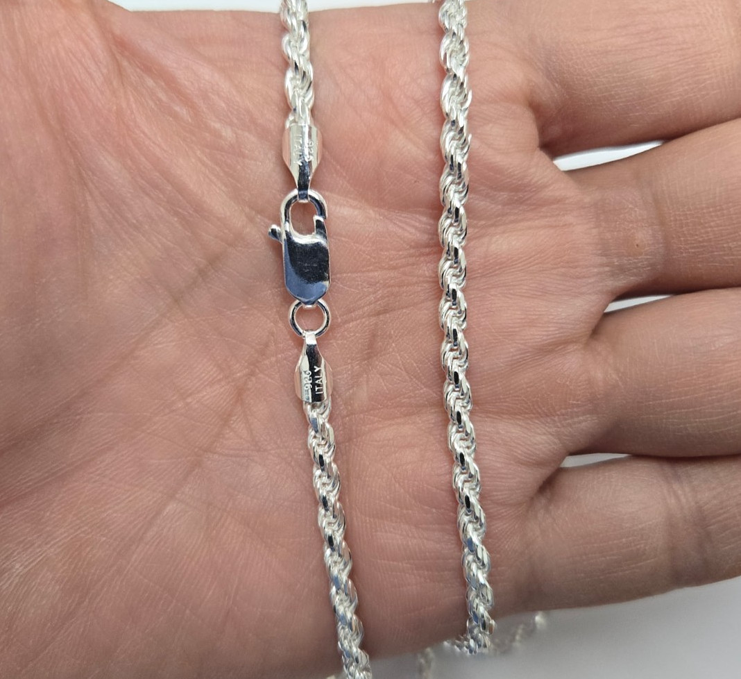 3mm Sterling Silver D/C Rope Chain Necklaces Bracelets Handmade Italy 7 to 30 in