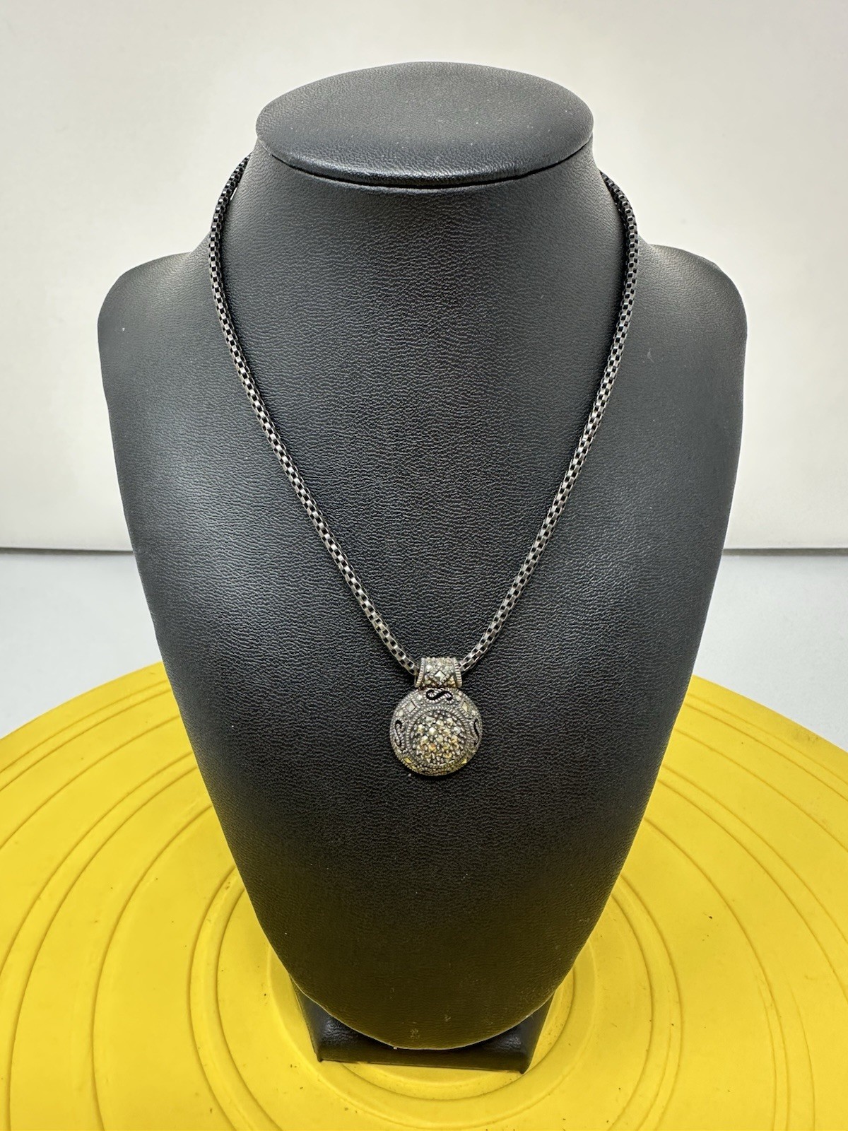 Sterling Silver Judith Jack Medallion Marcasite Pendant Choker Necklace 12g 14”